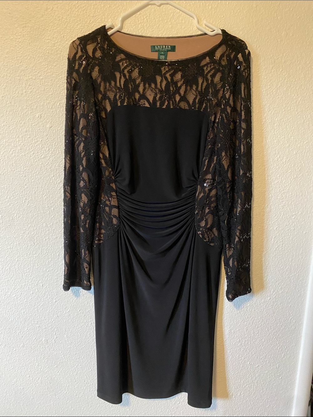 Lauren Ralph Lauren- Size 6 Black Lace Cocktail Dress with Ruched Waist